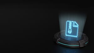 3d hologram icon of a zipped file projected up from metal sci-fi pad