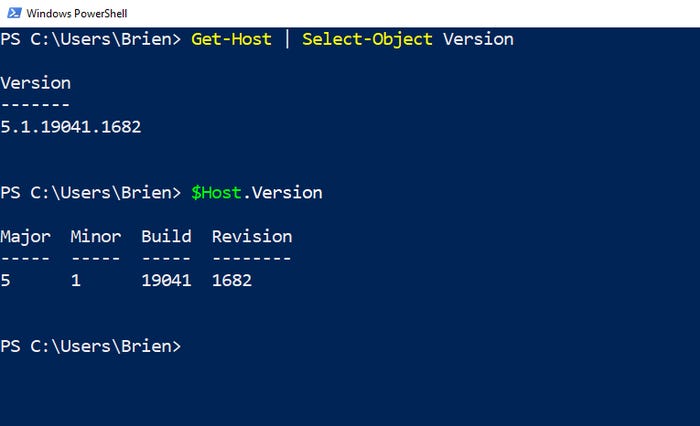 PowerShell screenshot demonstrates Get-Host | Select-Object and $Host.Version commands