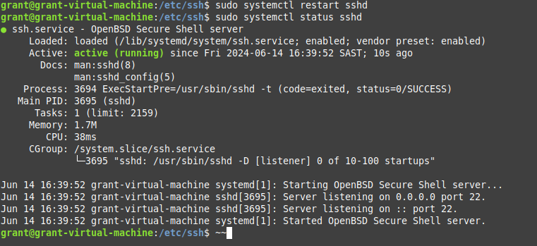 screenshot showing how to restart the sshd service and check its status using systemctl