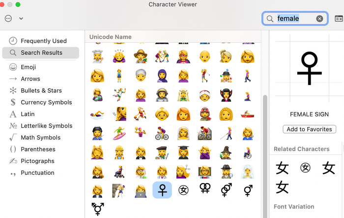 On your Mac, you can easily find the female symbol in the Emoji & Symbols library. On your Mac, you can easily find the female symbol in the Emoji & Symbols library.
