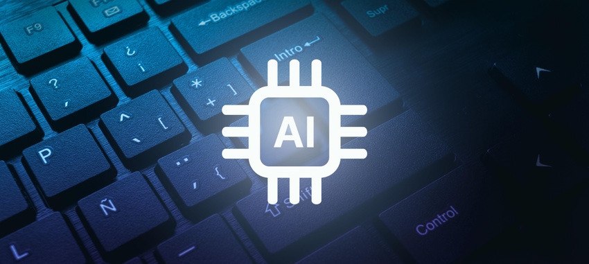 computer keyboard close up with AI chip virtual interface