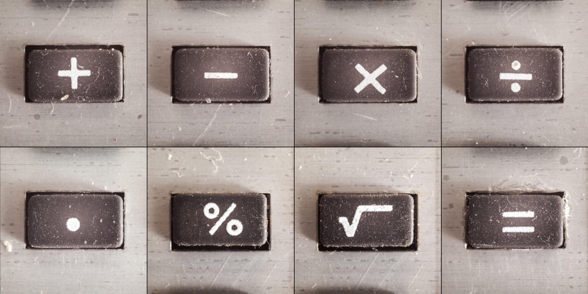 Set of basic math operations, buttons from an old calculator Set of basic math operations, buttons from an old calculator