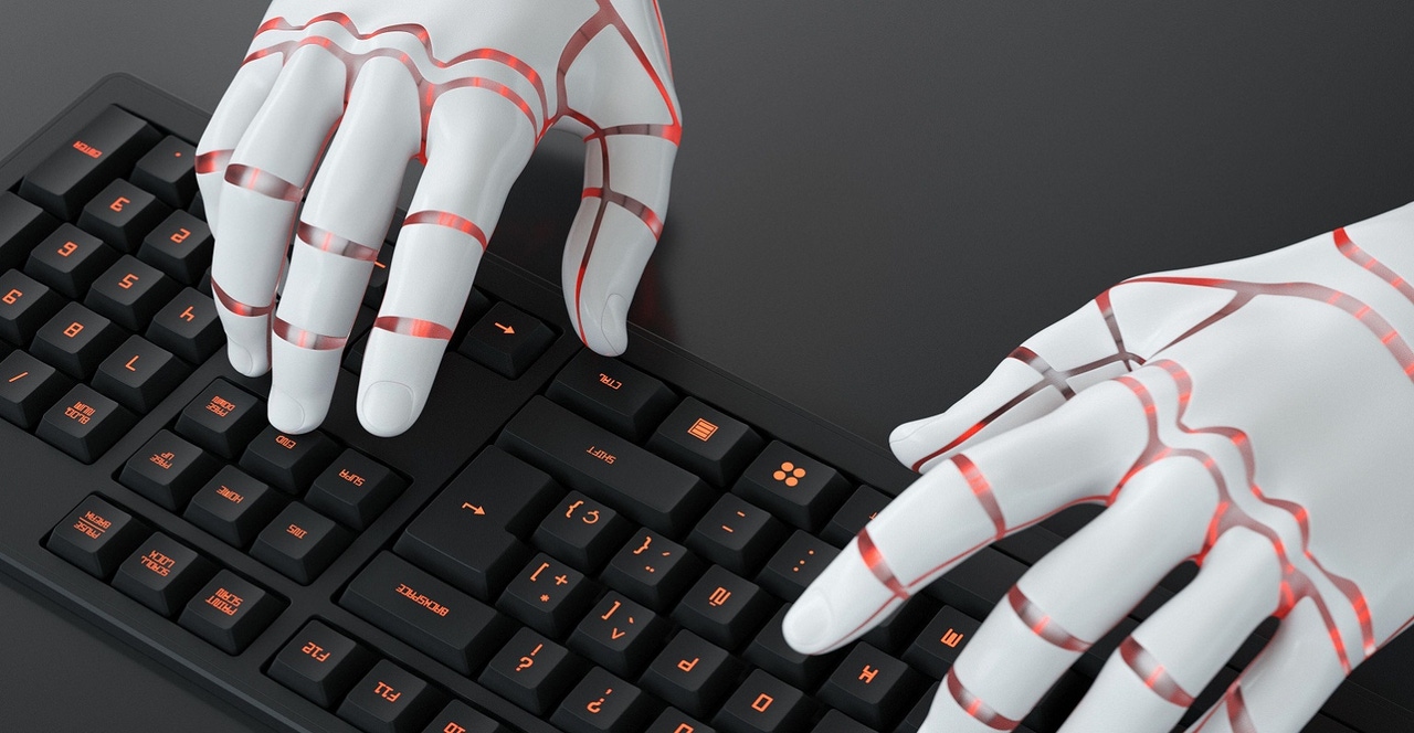 robot typing on keyboard robot typing on keyboard
