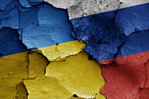 ukraine and russia flags on broken cement ukraine and russia flags on broken cement