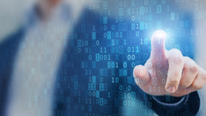 man touching a screen filled with 1s and 0s man touching a screen filled with 1s and 0s