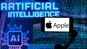 the logo of Apple is displayed on a mobile phone screen with artificial intelligence written in the background