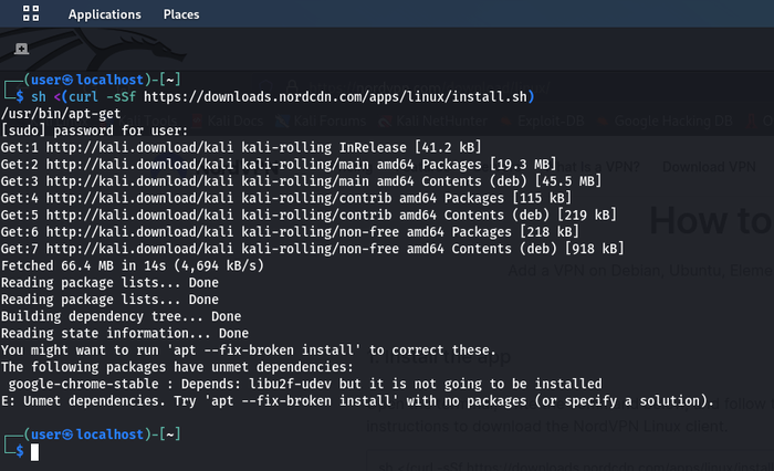 shows Linux command taken from the NordVPN website to download the application shows Linux command taken from the NordVPN website to download the application