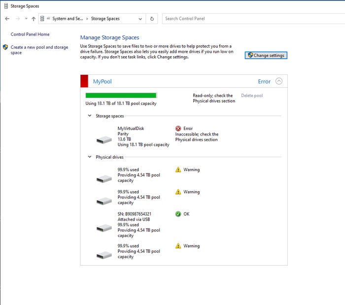 Storage Spaces window shows the disk that has been installed Storage Spaces window shows the disk that has been installed