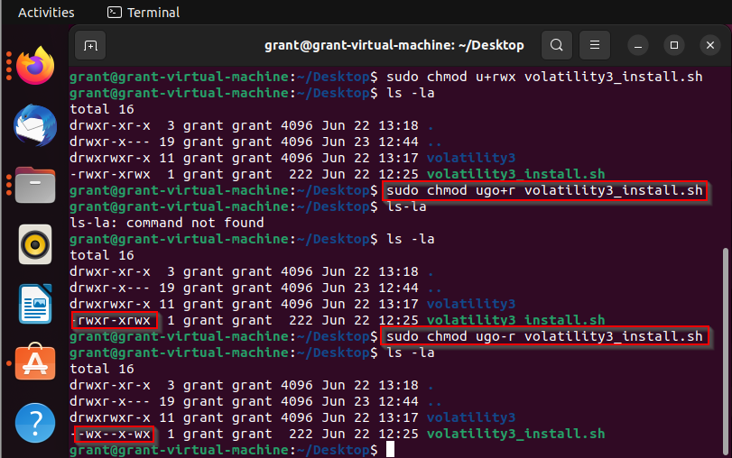 Linux screenshot shows results of adding and then removing the read permission for and from multiple roles simultaneously