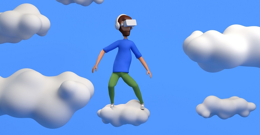 man surfing on clouds with virtual reality goggles in metaverse