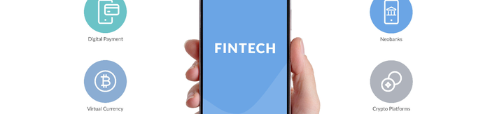 Smartphone displays a fintech app surrounded by popular fintech services icons