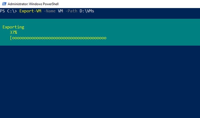 PowerShell interface notifies the user that the virtual machine is being exported