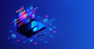 magnifying glass in front of laptop magnifying glass in front of laptop