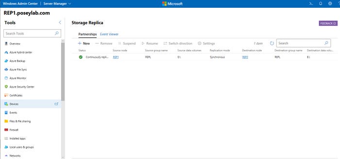 Screen shot of Storage Replica in Windows Admin Center, showing replication enabled