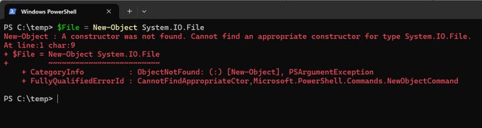 PowerShell screenshot demonstrates error when attempting to create an object using File class PowerShell screenshot demonstrates error when attempting to create an object using File class