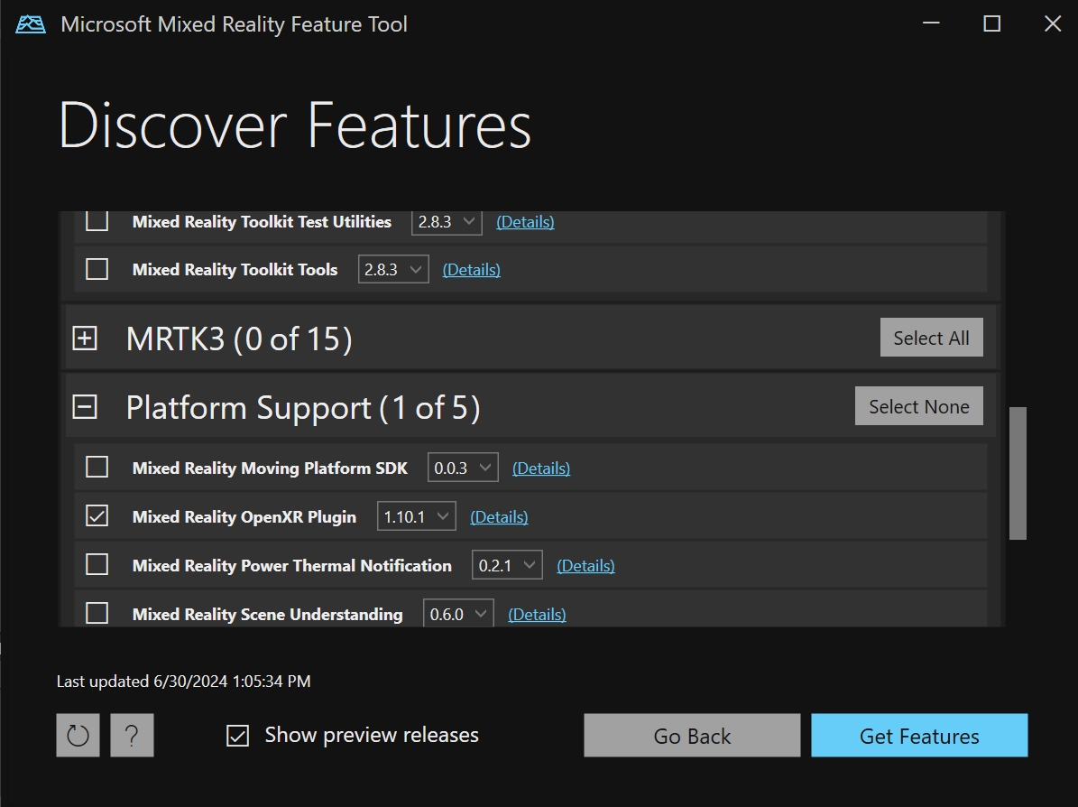 showing Platform Support section expanded with Mixed Reality OpenXR Plugin checkbox selected