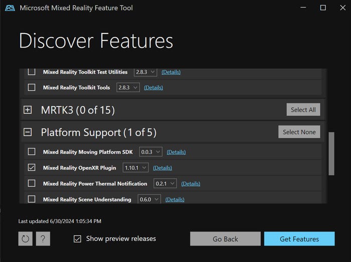 showing Platform Support section expanded with Mixed Reality OpenXR Plugin checkbox selected showing Platform Support section expanded with Mixed Reality OpenXR Plugin checkbox selected
