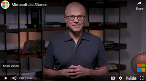 Microsoft CEO Satya Nadella comments on the new cloud partnership with Reliance Jio in a YouTube video. Microsoft CEO Satya Nadella comments on the new cloud partnership with Reliance Jio in a YouTube video.
