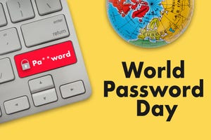 WORLD PASSWORD DAY text with keyboard and globe on yellow background