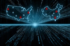 the countries of America and China overlayered over data and padlocks the countries of America and China overlayered over data and padlocks