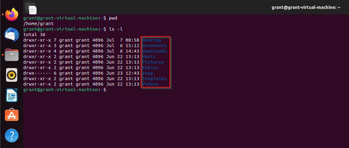 shows the contents of the /home/grant directory