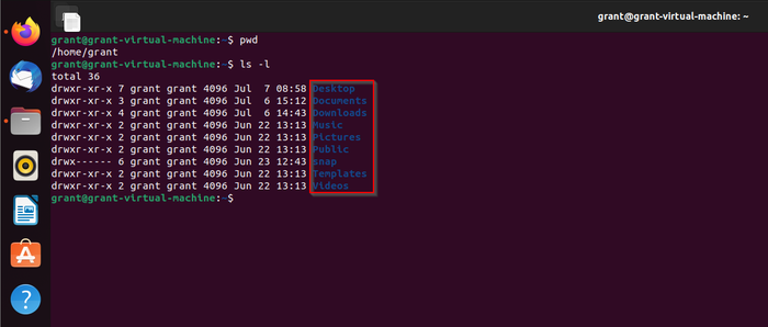 shows the contents of the /home/grant directory shows the contents of the /home/grant directory
