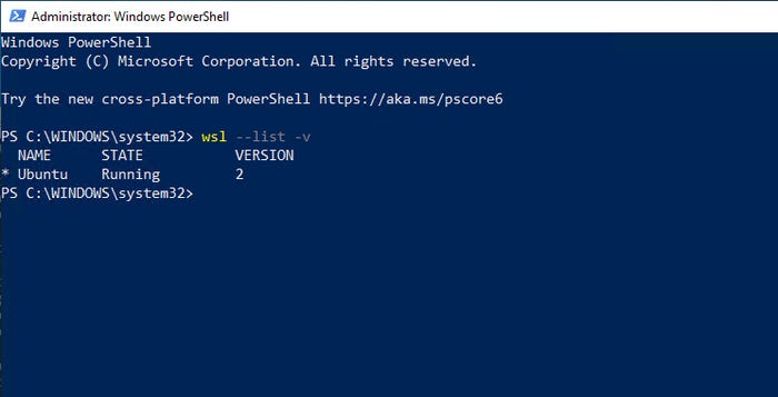 PowerShell screen shows Ubuntu is running on version 2 of the Windows Subsystem for Linux