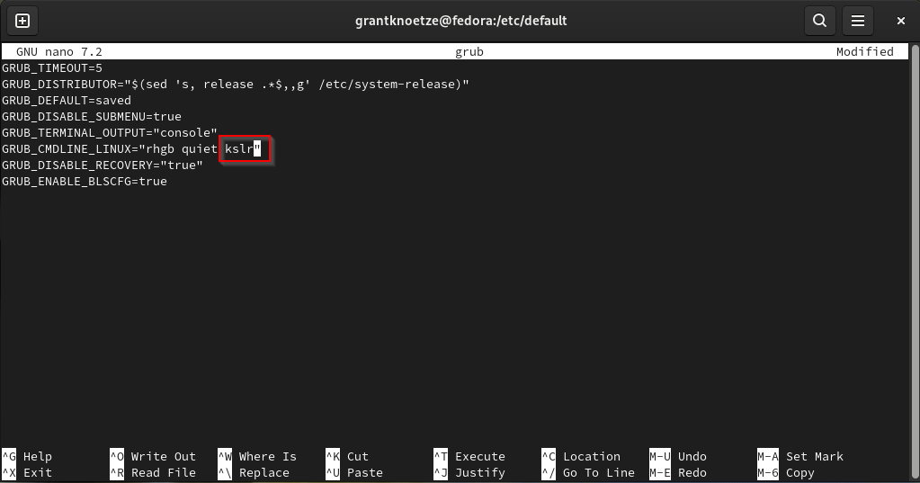 screenshot showing the modification of the GRUB configuration file to include KSLR screenshot showing the modification of the GRUB configuration file to include KSLR