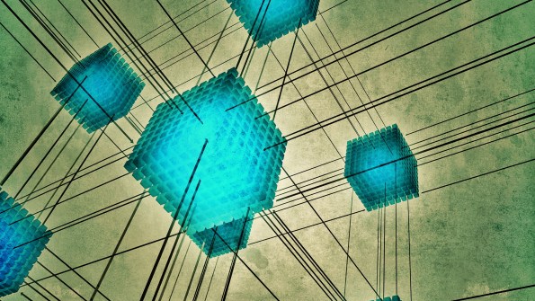 Neon blue cubes connected with a network of black lines Neon blue cubes connected with a network of black lines