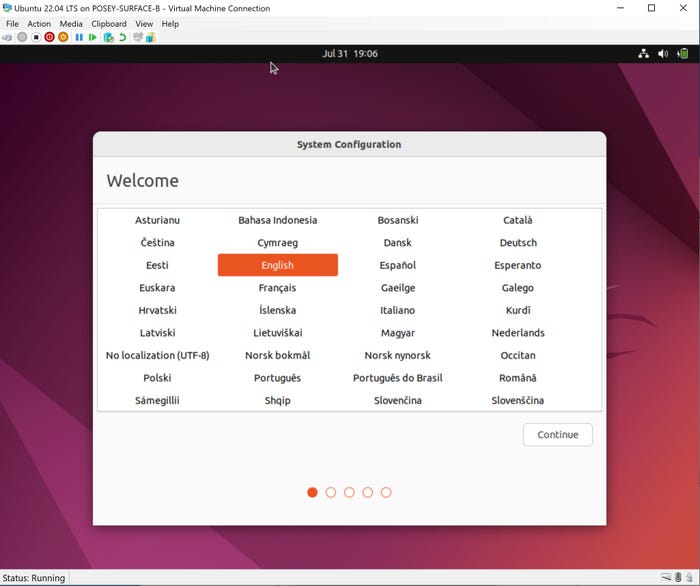 Screenshot shows system configuration box and selection of languages to choose from