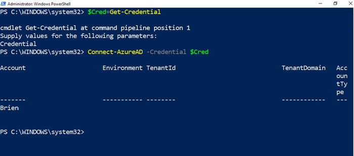 What it looks like when PowerShell has established a connection to Azure AD What it looks like when PowerShell has established a connection to Azure AD
