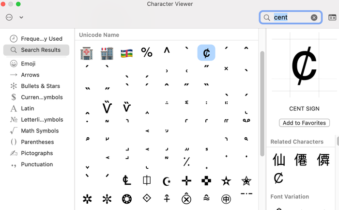 You can insert the cent symbol from your Mac’s Character Viewer. 