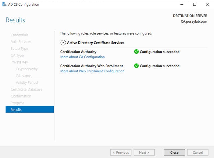 Screenshot shows Certificate Authority and Certificate Authority Web Enrollment configurations succeeded