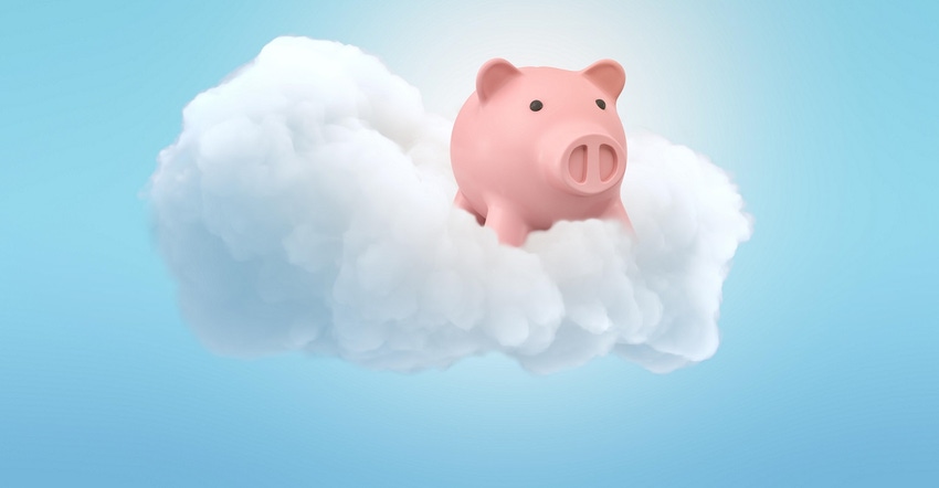 pink piggy bank sitting on a cloud