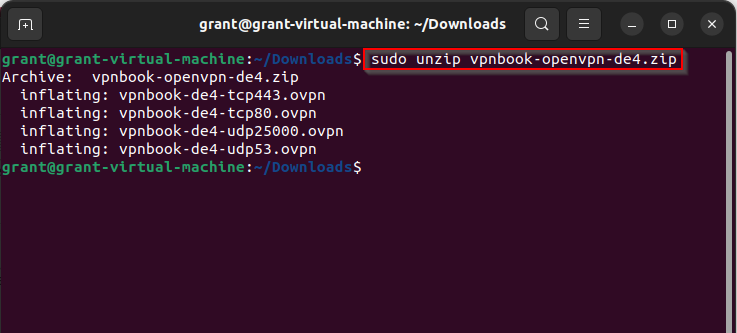 unzip command example