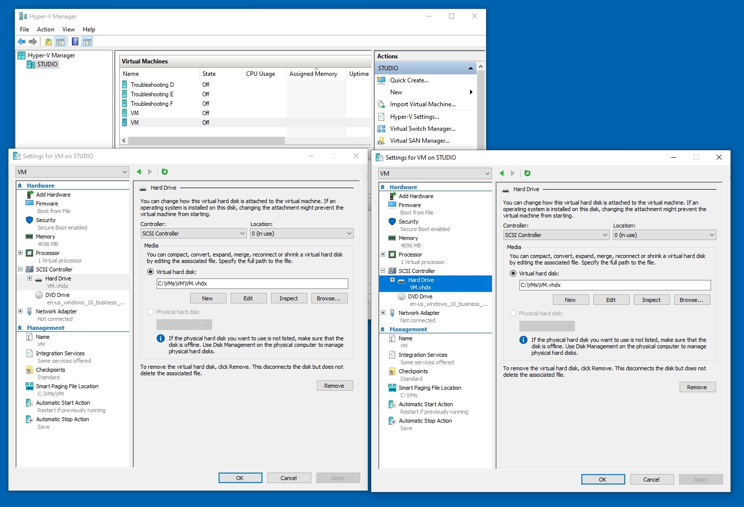 Showing that the two virtual machine copies are stored in separate paths