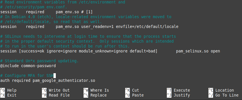 screenshot showing how to modify the sshd file to configure MFA for SSH
