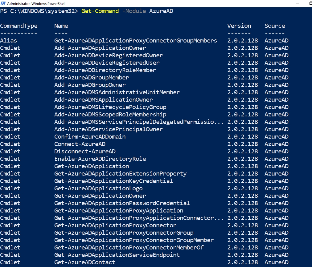 Get-Command -Module AzureAD shows lists of available Azure AD module commands