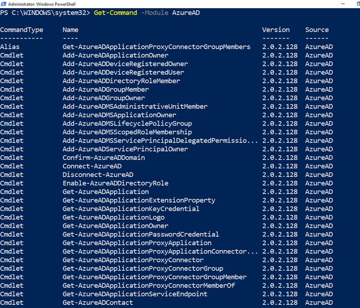 Get-Command -Module AzureAD shows lists of available Azure AD module commands Get-Command -Module AzureAD shows lists of available Azure AD module commands