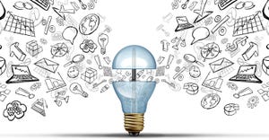 light bulb with financial and office icons being released light bulb with financial and office icons being released