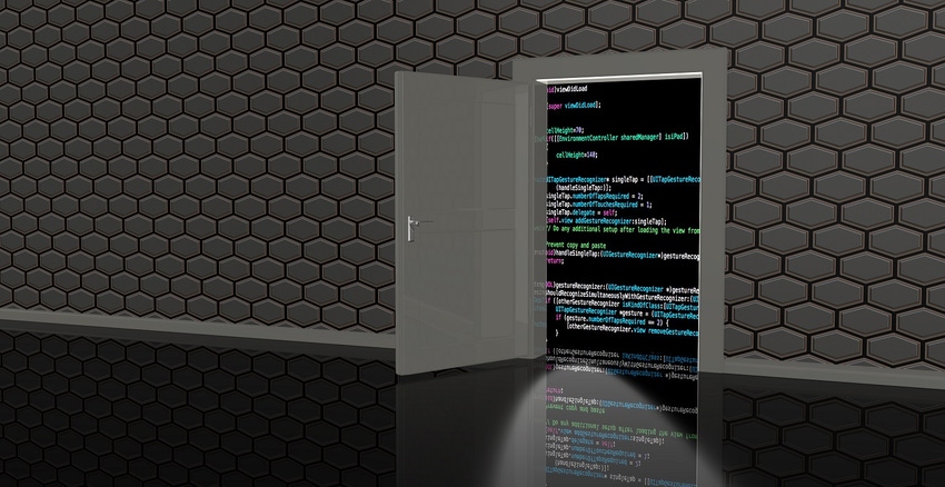 Door in a wall in a black room textured with hexagons leading to a computer code background 3D illustration backdoor concept