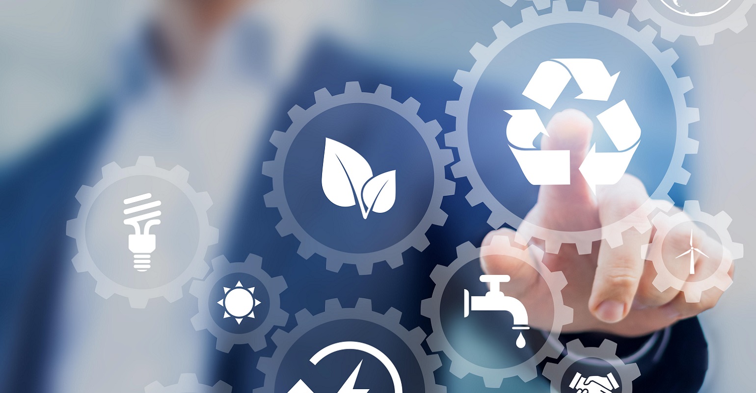 Sustainable development concept on screen with icons of renewable energy