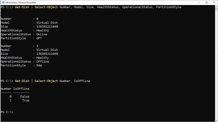 Screenshot of PowerShell session shows Disk 0 is online and Disk 1 is offline