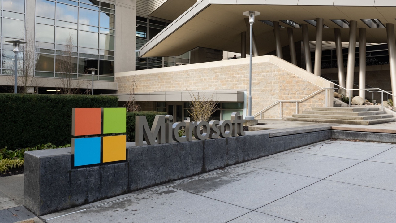 Microsoft sign in front of building Microsoft sign in front of building