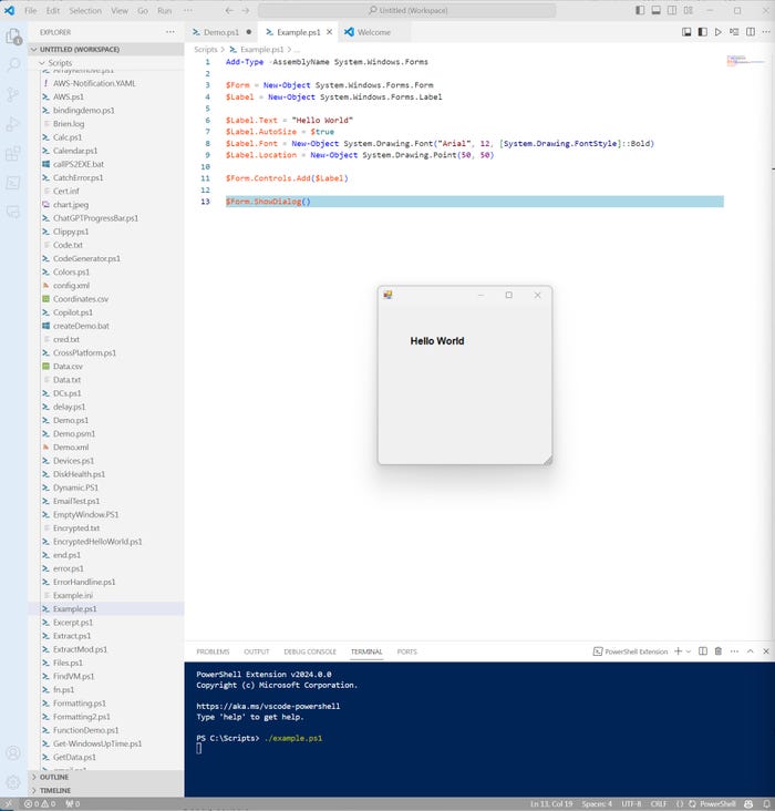 A screenshot shows the GitHub Copilot-generated script running, displaying the words ‘Hello Word’ within a simple GUI interface