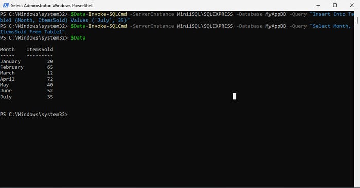 showing data being inserted into an SQL table from PowerShell showing data being inserted into an SQL table from PowerShell