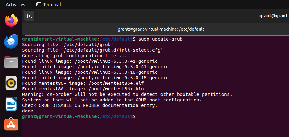 screenshot showing the execution of sudo update-grub screenshot showing the execution of sudo update-grub
