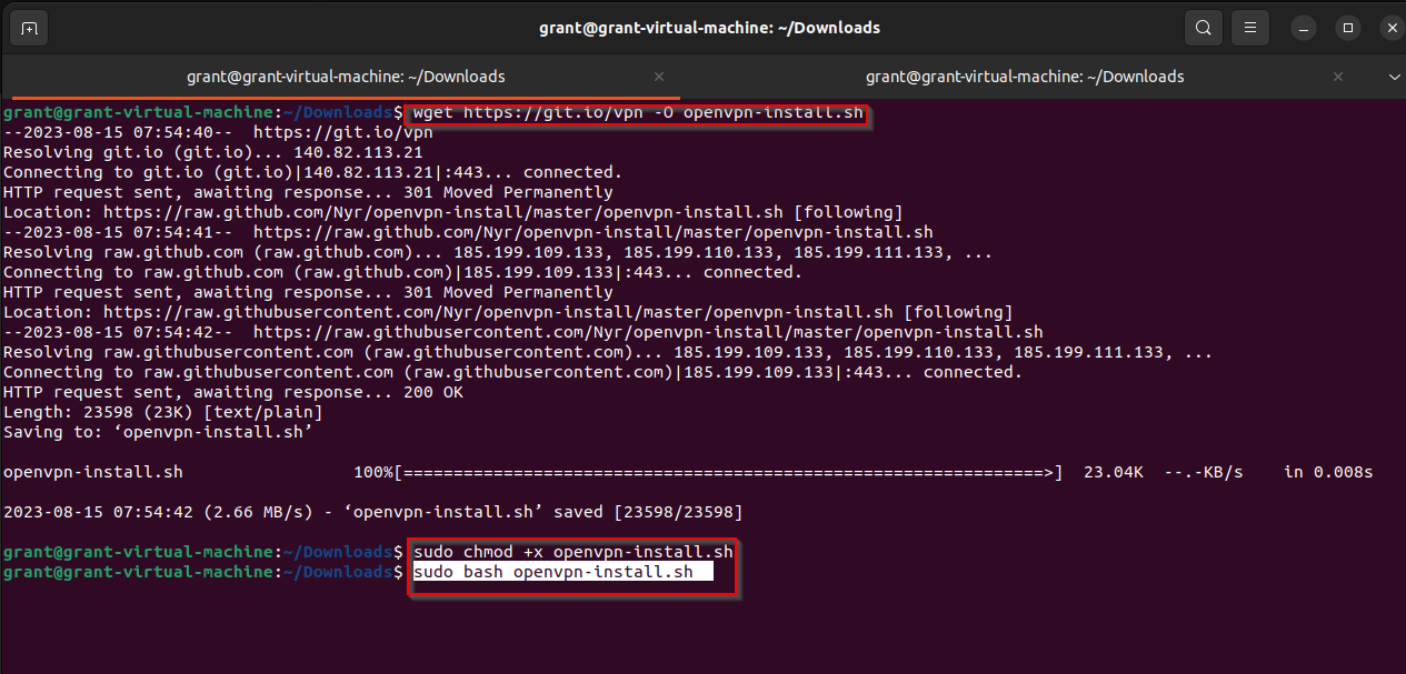 shows Linux commands to execute permissions and then run the bash script downloaded