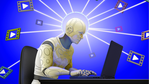 robot typing on a laptop