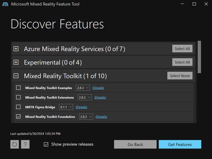 Discover Features window with the Mixed Reality Toolkit Foundation checkbox selected Discover Features window with the Mixed Reality Toolkit Foundation checkbox selected